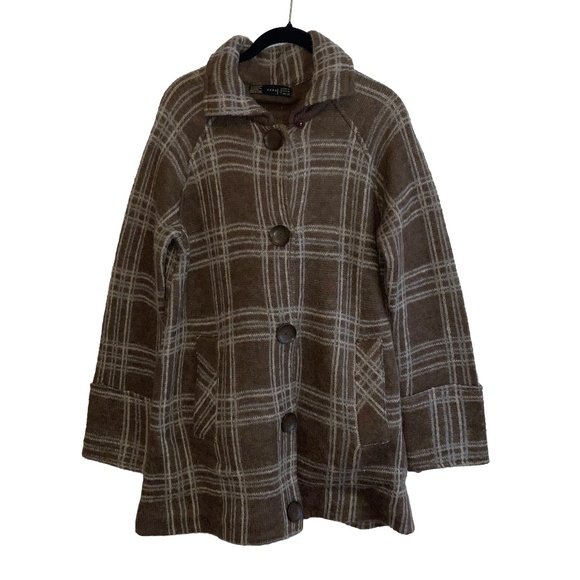 Zara Jackets & Blazers - VTG ZARA long brown plaid cardigan coat with a hoodie. Mohair blend. Size M